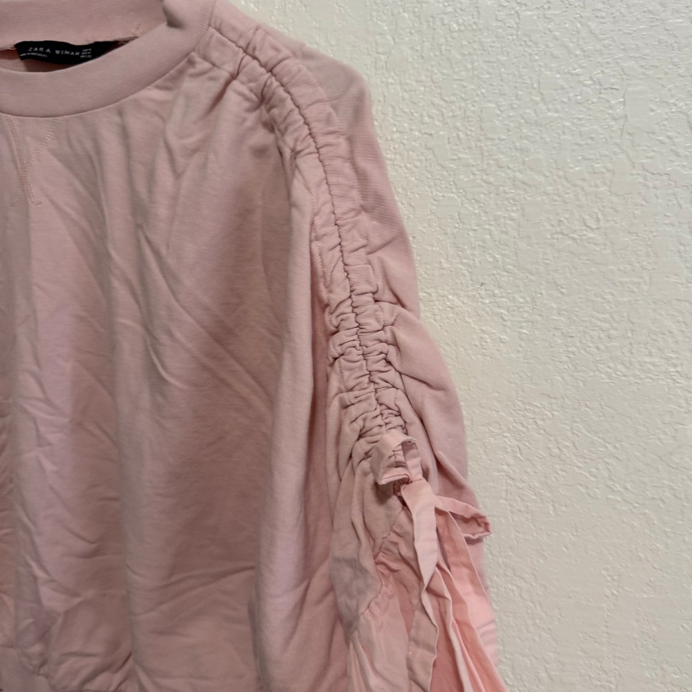 ZARA Pink Gathered Sleeve Sweatshirt Women Medium Crew Neck Casual Pullover - Picture 5 of 15